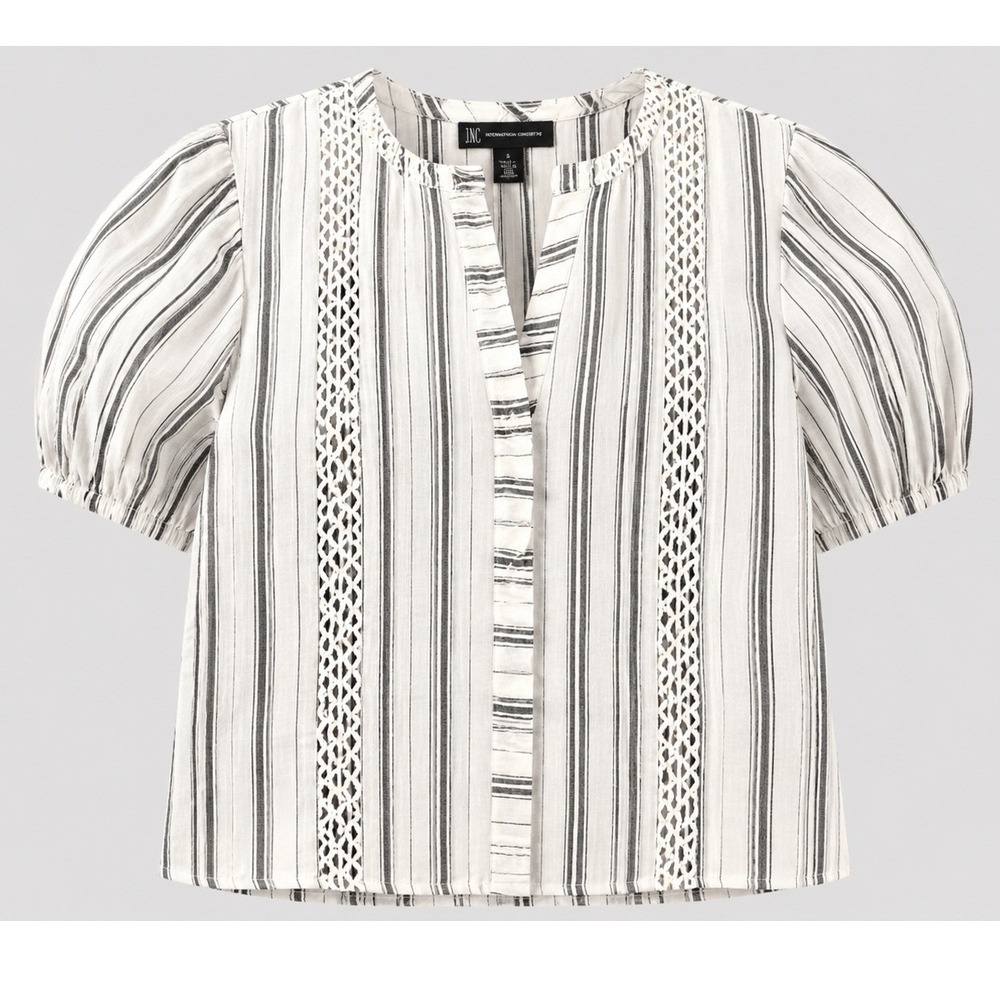 INC International Concepts Womens Small White Gray Striped Lace‎ Ruffle Top NWT